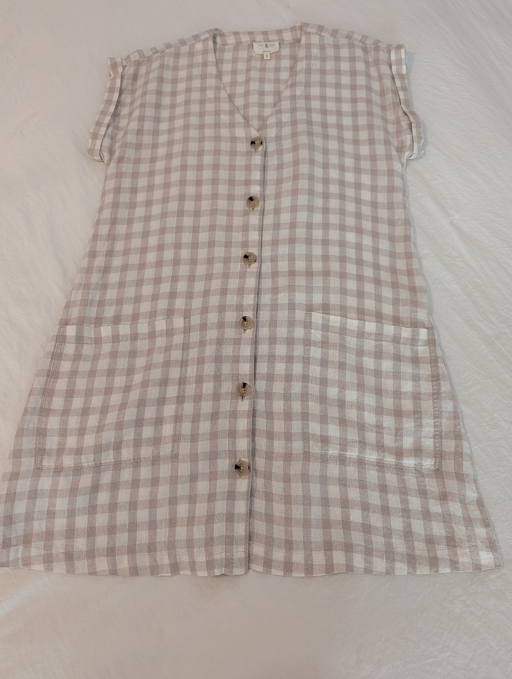 Lou & Grey Gingham Linen Shift Dress Cap Sleeves Casual Summer Cream Brown Small - Picture 6 of 13